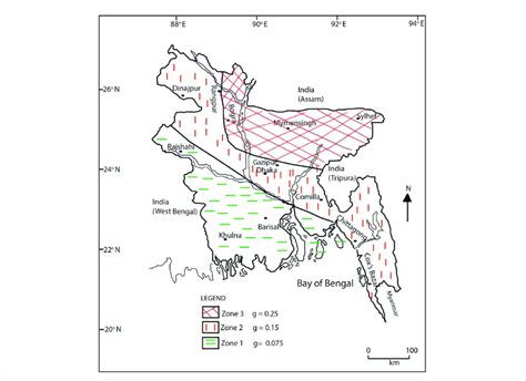 The current seismic zoning map of Bangladesh indicating probable ...