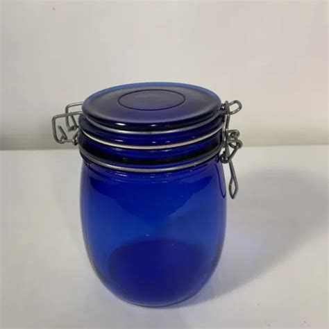 VINTAGE COBALT BLUE Glass Round Canister Jar With Wire Bale Hinged Lid $24.55 - PicClick