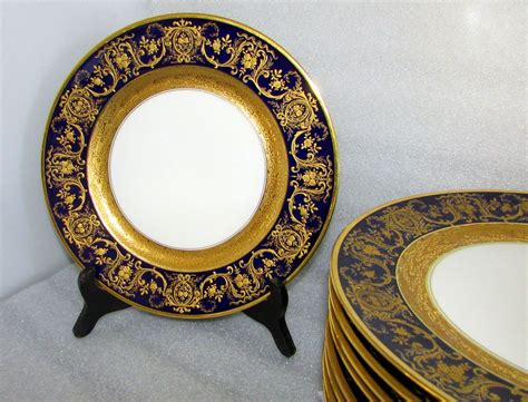 12 ANTIQUE FRENCH LIMOGES COBALT BLUE RAISED GOLD ENCRUSTED DINNER PLATES 1900 | Pottery & Glass ...