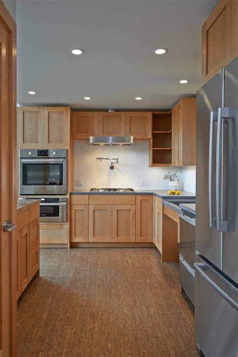 Beech wood cabinets kitchen transitional with medium wood floor stainless steel appliances ...