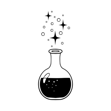 Magic glass bottle sketch. Alchemist elixir, love potion with mystical sparks. Isolated vector ...