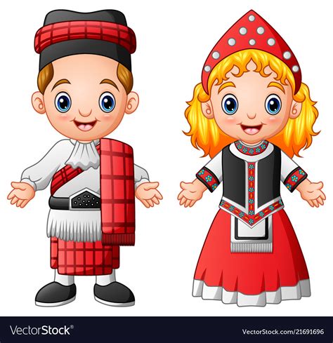 Cartoon scottish couple wearing traditional costum