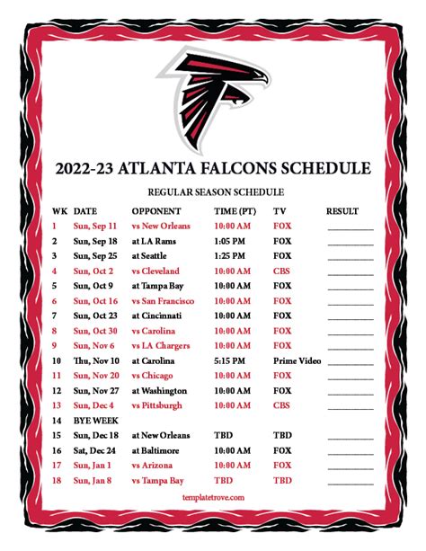 Printable 2022-2023 Atlanta Falcons Schedule