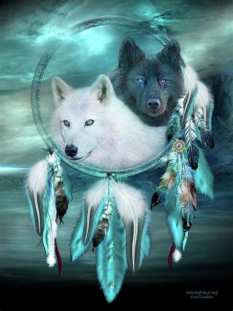 Dream catcher white wolf black wolf art print by carol cavalaris – Artofit