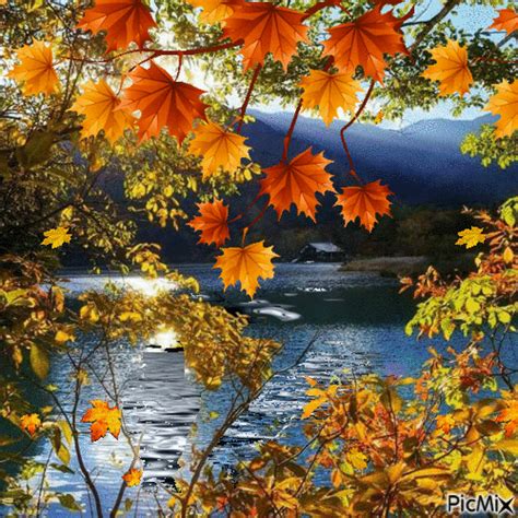 a painting of autumn leaves over a lake