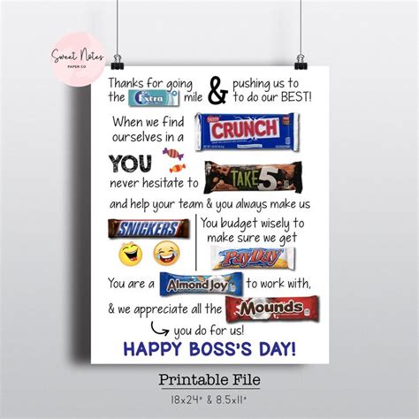 Boss's Day Appreciation Candy Board Candy Card Candy Gram Thank You Gift DIGITAL FILE Printable ...