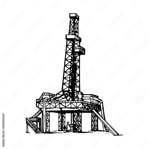 land oil drilling complex also called oil rig. Sketch style drawing isolated on a white ...