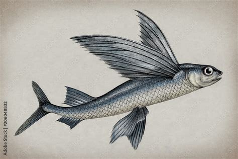 Exocoetidae or Flying fish hand drawing vintage engraving illustration ...