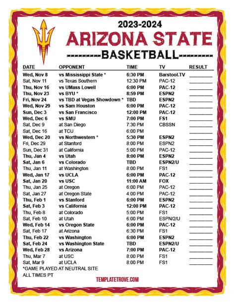 Printable 2023-2024 Arizona State Sun Devils Basketball Schedule