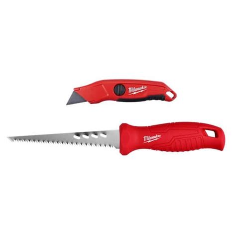 Milwaukee Fixed Blade Utility Knife with General Purpose Blade Rasping Jab Saw with 6 in ...