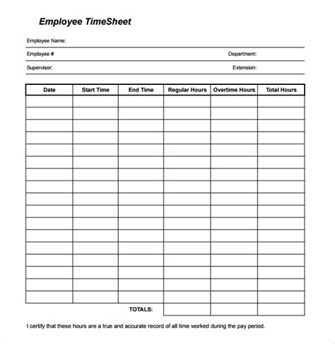 Simple Printable Monthly Timesheet Template