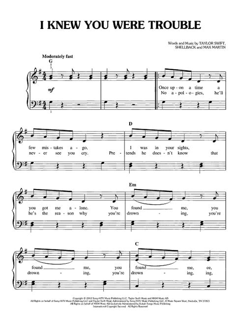 I Knew You Were Trouble" Sheet Music by Taylor Swift for Easy Piano/Vocal/Chords - Sheet Music Now