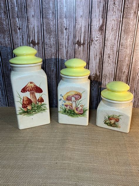 Vintage Mushroom Patterned Canister Set, Ceramic Mushroom Canisters ...