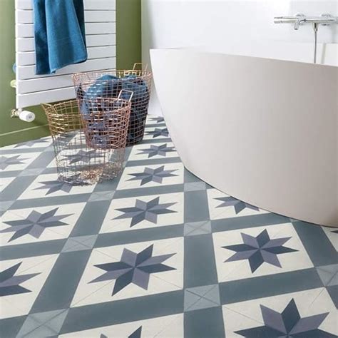 Victorian Tile Effect Sheet Vinyl Flooring with Star Pattern in Blue & White, Kitchen and ...