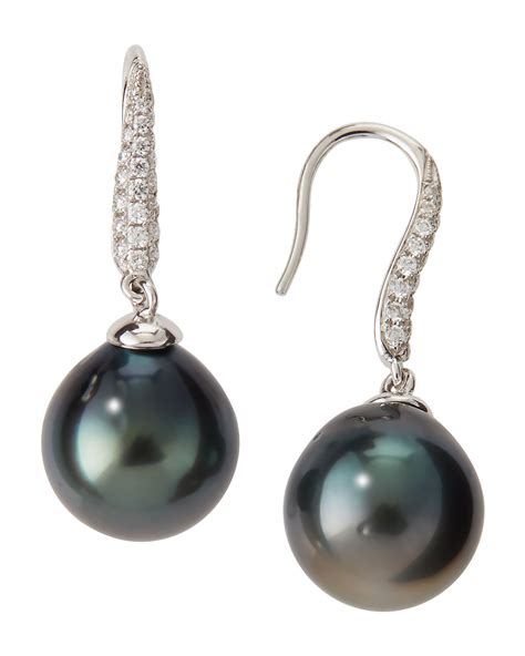 Belpearl Black Tahitian Pearl Diamond Drop Earrings in Black | Lyst