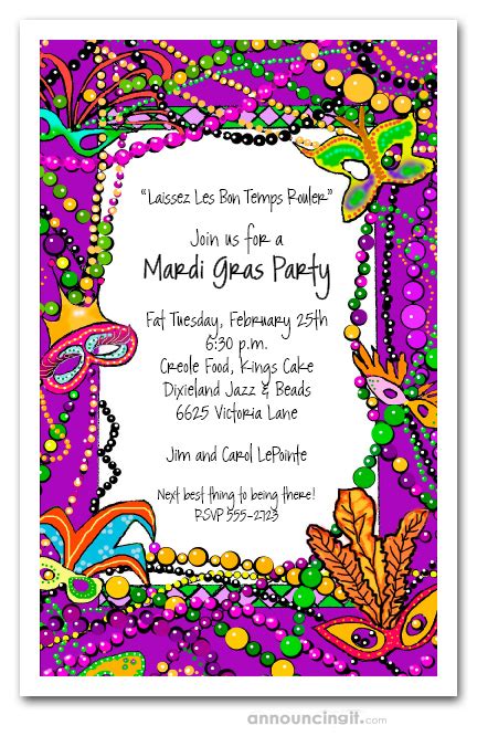 Mardi Gras Fun Masks and Beads Party Invitations