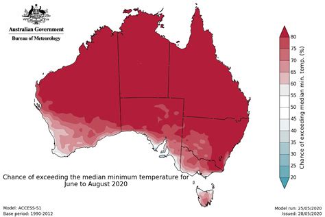 Chance of exceeding the median minimum temperature for June to August 2020 - Australia ...