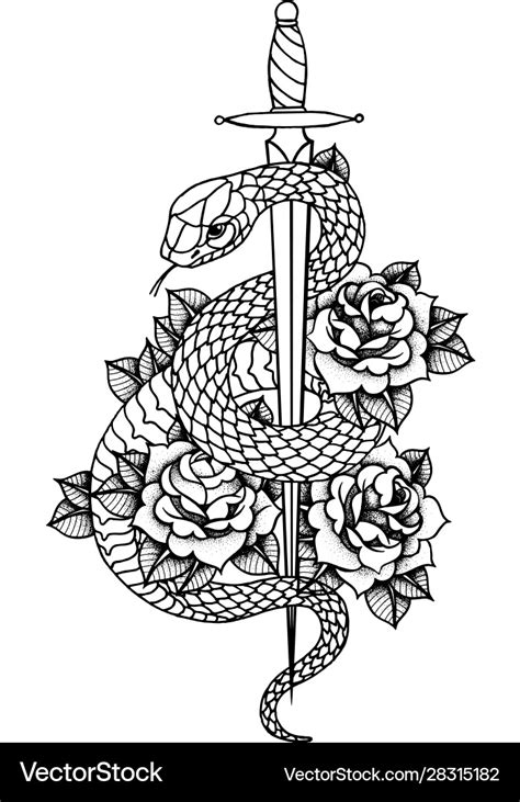 Tattoo with roses and snake sword dagger Vector Image