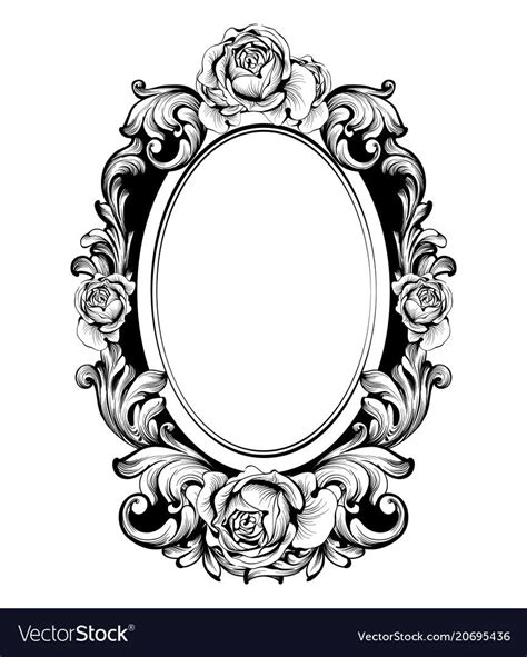 Vintage round frame with rose flowers decor Vector. Antique ornamented mirror accessory ...