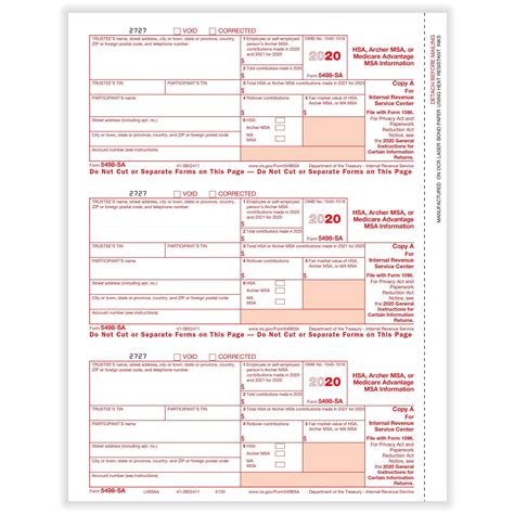 5498-SA HSA, Archer MSA or Medicare Advantage Fed Copy A Cut Sheet (500 Forms/Pack)