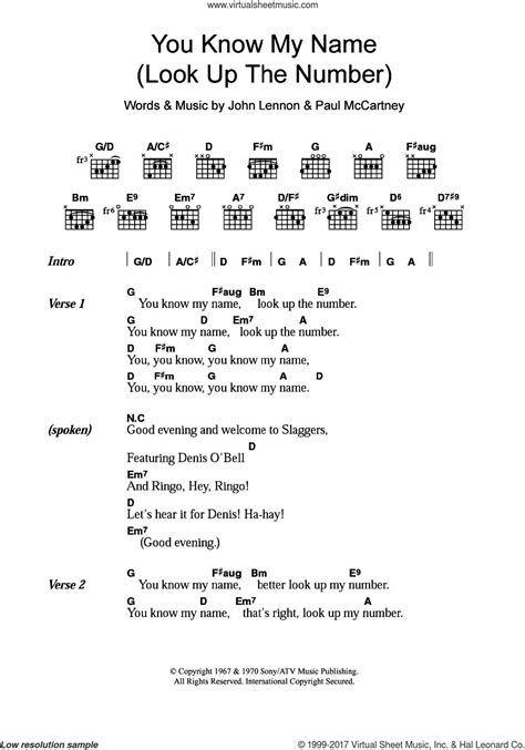 You Know My Name (Look Up The Number) sheet music for guitar (chords) v2