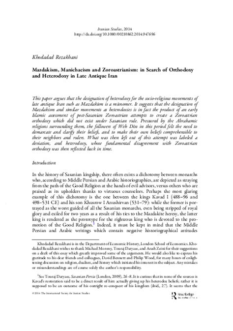 (PDF) Mazdakism, Manichaeism, and Zoroastrianism: In Search of Orthodoxy and Heterodxy in Late ...