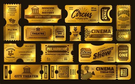 Golden tickets. Gold circus show ticket, premium cinema movie night co ...