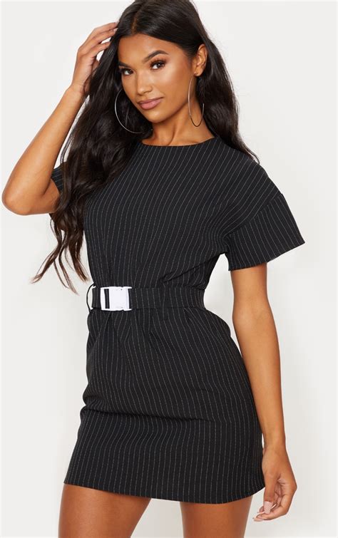 Black Pin Stripe Belt T Shirt Dress | PrettyLittleThing CA