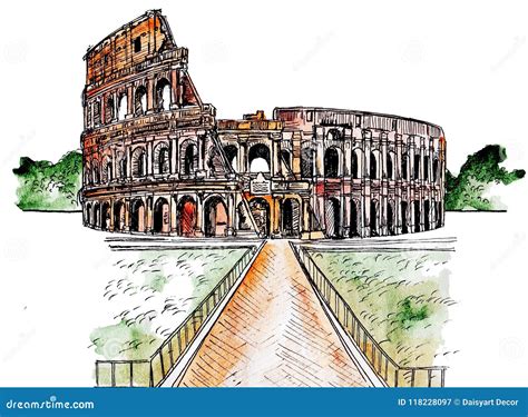 Architecture Sketch. Roman Colosseum. Watercolor Imitating Painted ...