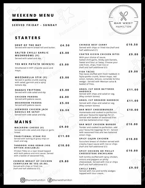 Menu at Bar West, Hamilton