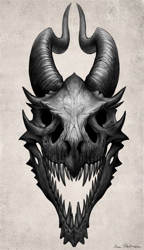 Scary black horned dragon skull tattoo design - Tattooimages.biz