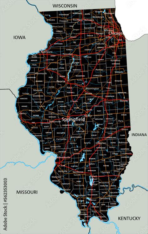 High detailed Illinois road map with labeling. Stock Vector | Adobe Stock