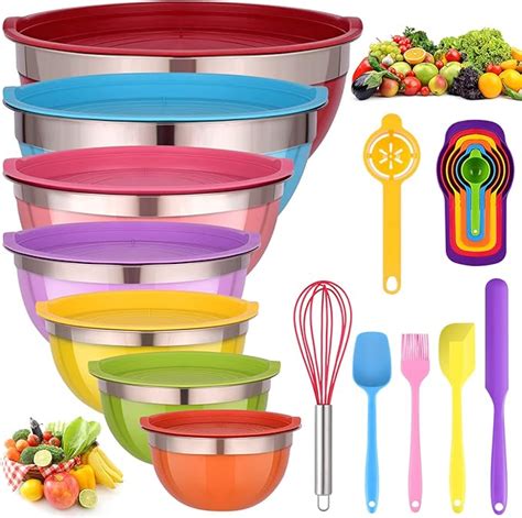 Amazon.com: Mixing Bowls with Lids for Kitchen - 26 PCS Stainless Steel Nesting Colorful Mixing ...