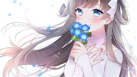 1920x1080 Crying, Blue Eyes, Anime Girl, Tears, Brown Hair, Blue Flowers for , brown hair blue ...