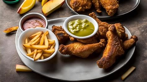 Premium AI Image | A plate of fried chicken and fries with dipping sauces.