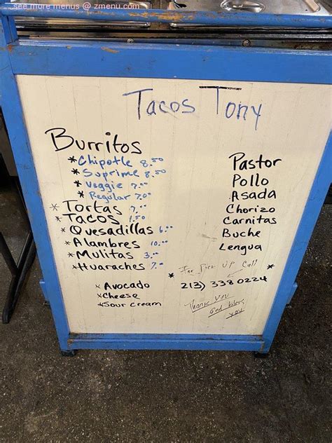 Online Menu of Tacos Tony Restaurant, Los Angeles, California, 90020 ...