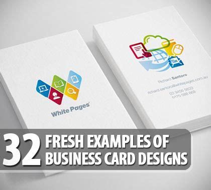 two business cards with the words 32 fresh examples of business card designs on top of them