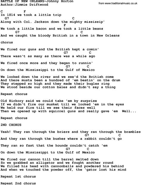 Country Music:Battle Of New Orleans-Johnny Horton Lyrics and Chords