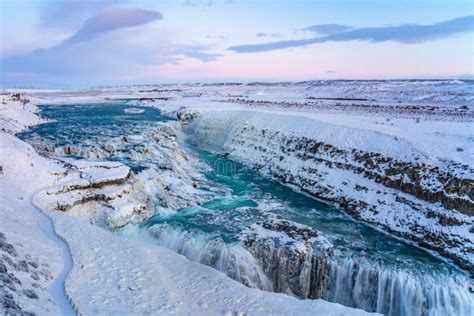 Frozen Gullfoss Falls in Iceland in Winter at Sunset. Stock Photo - Image of countries, colour ...