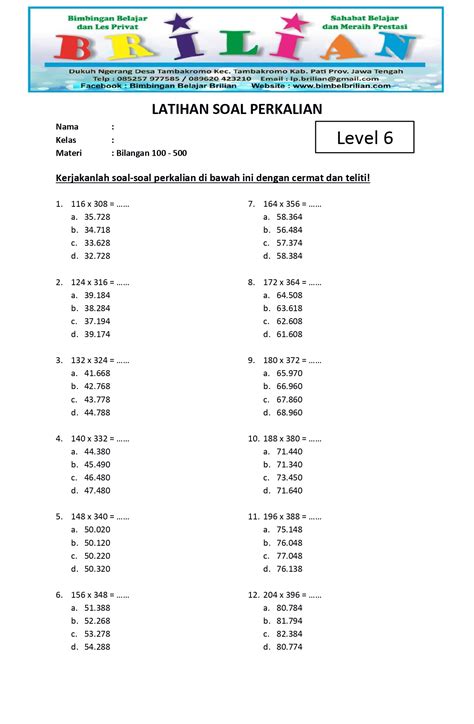 Soal Perkalian Kelas 5 SD Level 6 Bilangan 100 – 500 – Bimbel Brilian