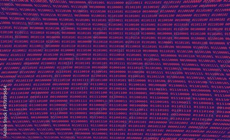 Computer binary code of ones and zeros displayed on warped digital screen with pink and blue ...