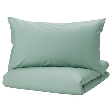 STRANDTALL duvet cover and pillowcase(s), gray-green/dark green, Twin - IKEA