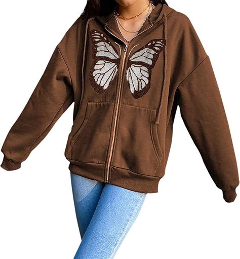 Women 's Butterfly Hoodies Pullover Oversized Zip Up Sweatshirt Y2K E-Girl 90s Baggy Long Sleeve ...