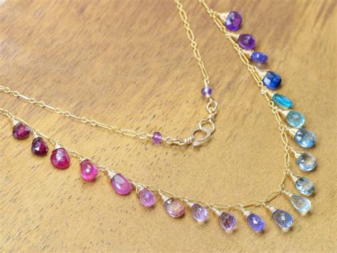 Rainbow Multi Gemstone Necklace in Gold Filled, Precious Drop Necklace - Valltasy