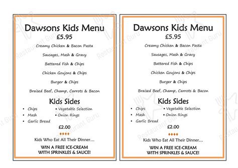 Menu at Dawsons Restaurant, Castledawson