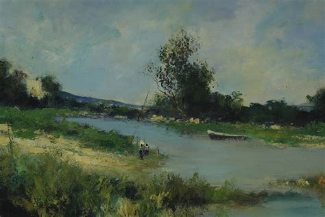 French Country Landscape Oil Painting with River and Fishermen. Vintage ...