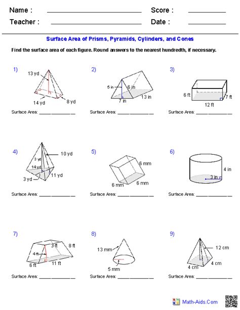 Volume And Surface Area Of Cones Worksheet