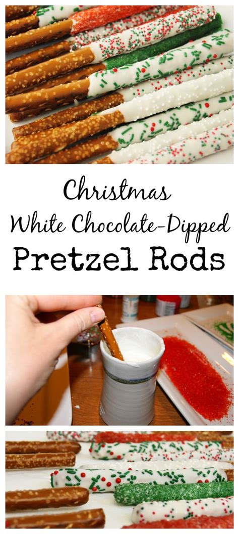 christmas white chocolate - dipped pretzel rods with red and green sprinkles