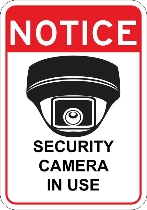 a red and white sign that says, notice security camera in use