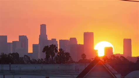 Los Angeles Skyline Sunrise. Pan And Zoom Out. Timelapse. Silhouette With Flare. Stock Footage ...